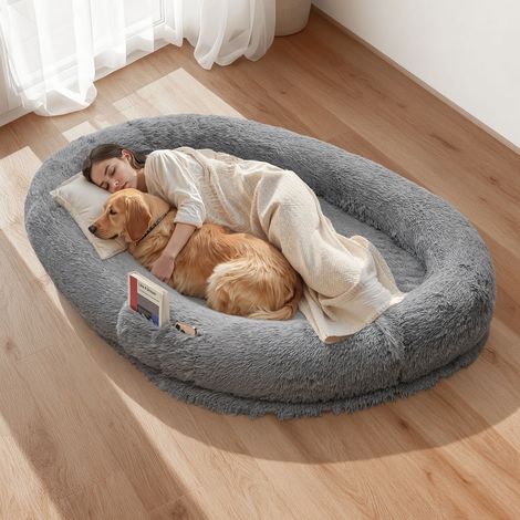 VEVOR Cama Acogedora para Perros, Diseño Ovalado, 174 x 118 x 24 cm, Espuma Viscoelástica, Tamaño Humano, con Bolsillo Lateral, Asa y Cremallera, Funda Extraíble y Lavable a Máquina, Gris Oscuro
