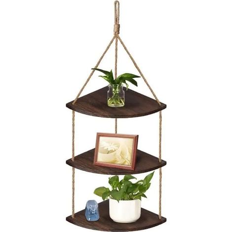 Étagère D'angle Suspendue - Bois Massif - 3 Niveaux - Avec Cordes En Jute - Fixation Murale - Pour Salon Bureau Cuisine - 1 Pièce (1/5)