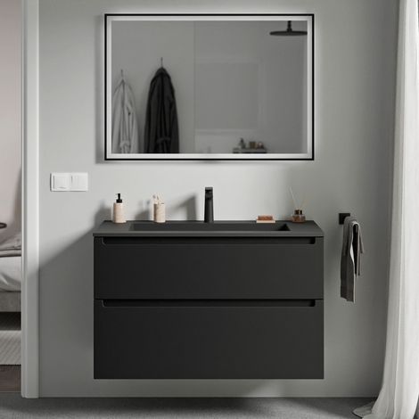 BERNSTEIN - Mobile lavabo sospeso MDF nero opaco, lavabo Ghisa nero opaco + foro rubinetto, cassetti girevoli - 80x46x62cm - VIREO	Nero opaco, Nero opaco con foro rubinetto
