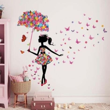 Wandtattoos mit Feenblumen, Schmetterlingsmädchen und Mädchen mit Regenschirm für Babyzimmer, Kinderzimmer und als Wanddekoration für Zuhause (1/4)