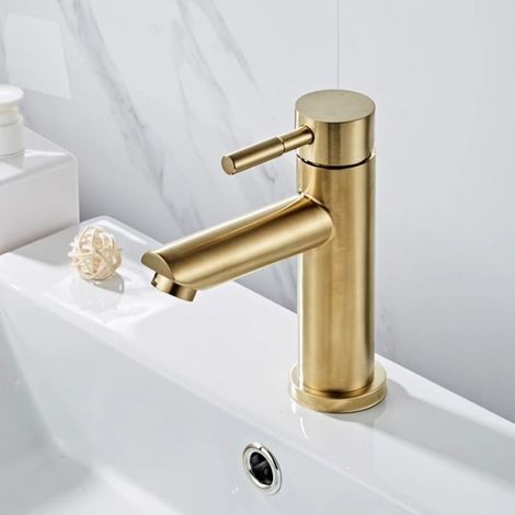 Robinet - Lavabo - Or Brossé - Monocommande - Mélangeur Chaud Froid - Pour Évier Haut ou Bas - 1 Pièce (1/4)