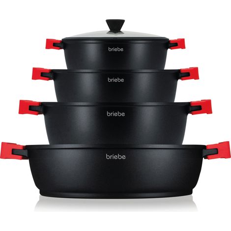 Briebe BLACKT4B Batería Cocina Inducción Antiadherente Titanio, 8 Piezas Aluminio Fundido 4 Ollas sin PFOA Tapa  Negro (1/5)