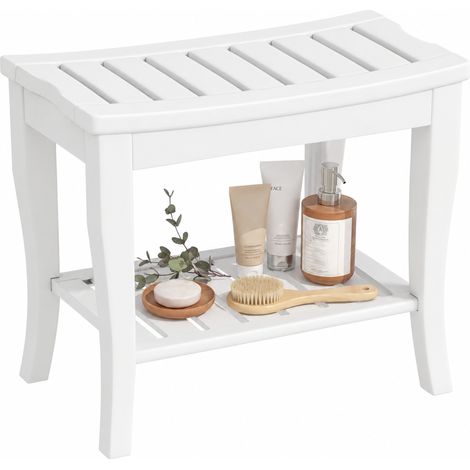 HOMCOM taburete de baño de bambú con estante banco de baño antideslizante impermeable y robusta para hogar salón SPA 47,5x26x44,5 cm blanco (1/5)