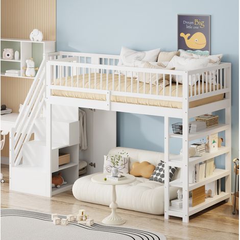Letto a soppalco bambini 90 x 200 cm con armadio, ripiani e scala di sicurezza, bianco HAVRYA (1/5)