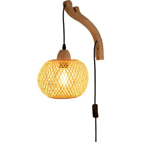 Applique Murale Finition en Bois avec Abat-jour en Rotin Ø20 cm