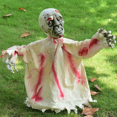 Décoration extérieure avec sons et animations, décoration de jardin Halloween, décoration squelette Halloween pour votre maison, scène de cimetière ou fête d'Halloween (75 x 100 cm, beige) (1/5)