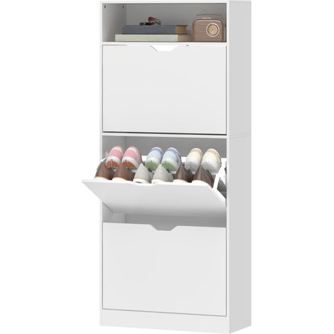 Meuble à chaussures 18 paires, armoire à chaussures étroite, 3 tiroirs rabattables, étagères réglables, blanc (1/5)