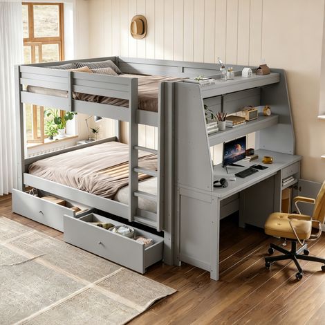 Letto a castello alto 236x145x160 cm, con scrivania, armadio laterale reversibile, cassetti e parapetto, legno, bianco e grigio (1/5)