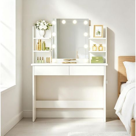 Toeletta 90x40x135 cm bianca in legno massello e plastica con specchio LED e 2 cassetti (1/5)