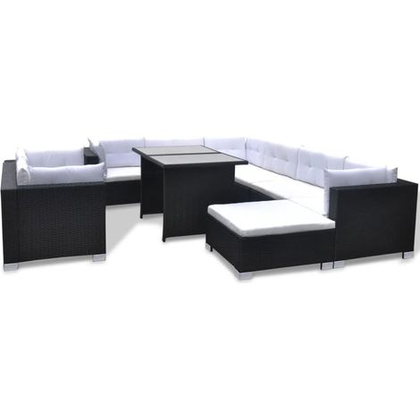 vidaXL Set Divani da Giardino 10 pz con Cuscini in Polyrattan Nero