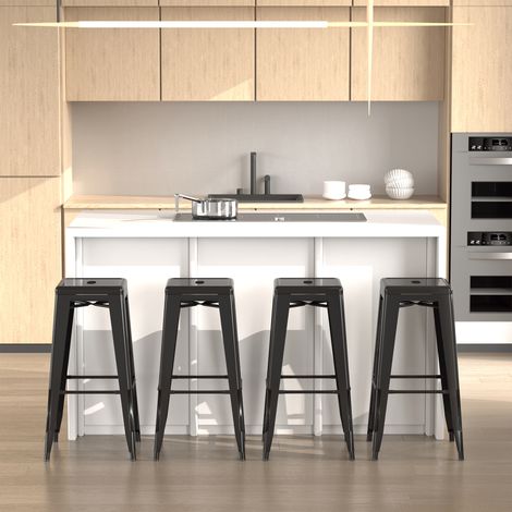 4er-Set stapelbare Barhocker im Industriestil mit Fußstütze, 76 cm Sitzhöhe, Metallgestell, Retro-Stil, für Esszimmer, Balkon, Bistro oder Bar, Schwarz