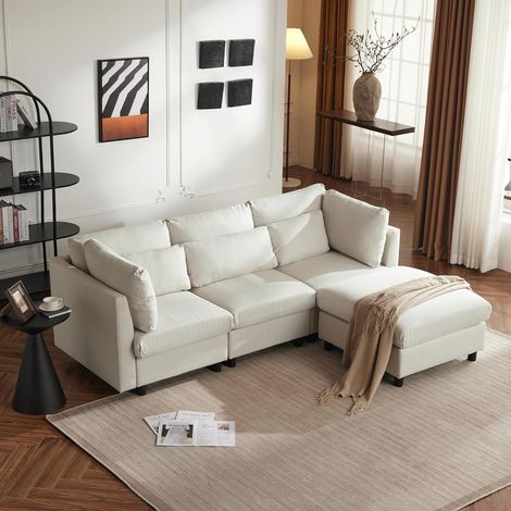 Canapé d'angle modulable 4 places avec méridienne et coussins amovibles – Mousse haute résilience, coton et lin beige (1/5)
