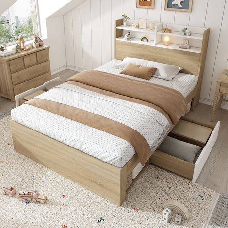 Einzelbett 90x190 cm mit Stauraum und Schubladen, Holzbett mit Kopfteil-Ablage und Regalen, platzsparendes Bettgestell in Weiß und Eiche (1/5)