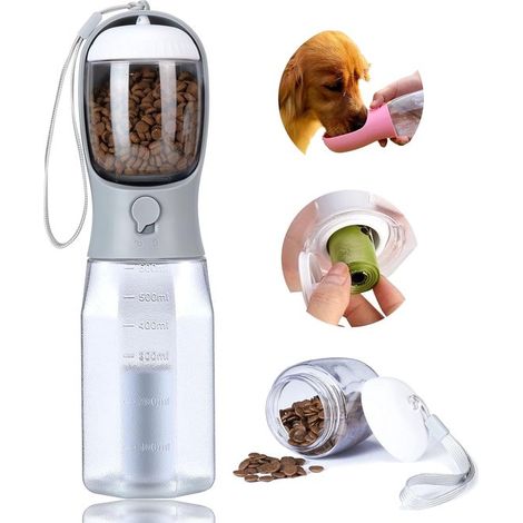 Tragbare Hunde-Trinkflasche 600 ml 4-in-1 multifunktional auslaufsicher BPA-frei mit Kotbeutelspender Snackfach und Aktivkohlefilter ideal für Grau (1/5)