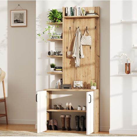 Garderobenschrank 75x33x180 cm Naturholz/Weiß aus Spanplatte mit 6 offenen Ablagen und geschlossenem Schuhschrank (1/5)