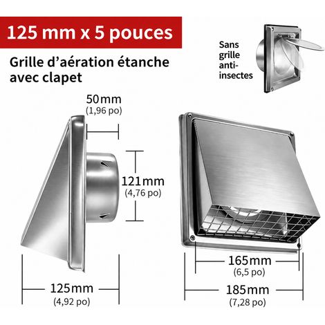 Grille d'aération murale 125 mm inox 304 avec clapet anti-retour et grille ouverte 125mm 5 réf 1848 19 × 19 × 12 cm 488 g – Livraison gratuite