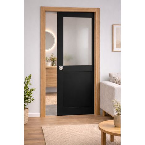 Porte Coulissante Athena Noir H204 X L93 Cm, Galandage, Kit Finition Gd Menuiseries