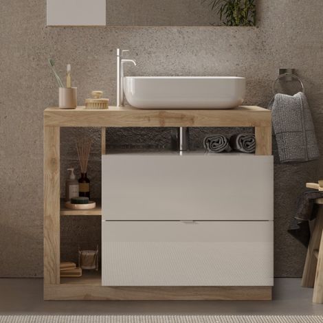 Meuble salle de bain couleur chêne et blanc + vasque L 90cm GAMA (1/5)