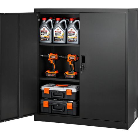 VEVOR Armario de Almacenamiento Metálico de 3 Niveles para Garaje, con Estantes Ajustables, 2 Puertas Magneticas y 2 Llaves, Apto para Despensa, Almacen y Sótano, Color Negro, 90 x 45 x 106 cm