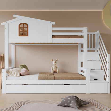 Lit superposé enfant 90x200 et 120x200 cm avec 2 tiroirs et échelle d'angle en pin et MDF, blanc naturel (1/5)