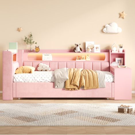 Lit gigogne avec bureau 90x200 cm MDF rose, LED et USB, gain de place, sans matelas – MEUBLIV (1/5)