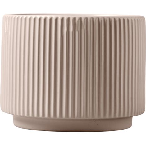 Pot de fleurs en céramique avec soucoupe intégrée, design cylindrique. Hauteur : 12 cm. Design rainuré et ajouré. (1/5)
