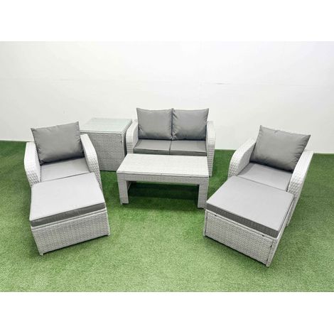 Fimous Light Grey PE Wicker Rattan Garden Furniture Set Sofa Set Reclining Adjustable Chair Oblong Coffee Table 6 Seater 2 Big Stools Side Table (1/4)