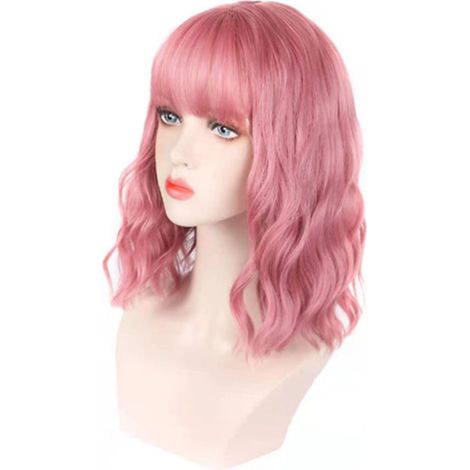Perruque Bouclée Courte Synthétique Femme Rose Clair, Douce et Respirante avec Frange, Cheveux Ondulés Naturels, Légère et Confortable (1/5)