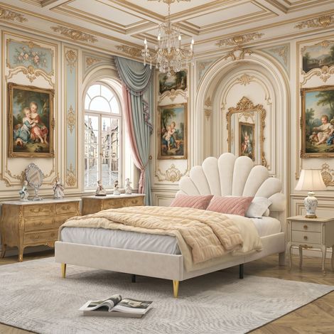 Lit Double 140x200 cm en Velours avec Tête de Lit Coquillage - Design Art Déco et Pieds Dorés - Sommier à Lattes Inclus - Beige / Bordeaux (1/5)