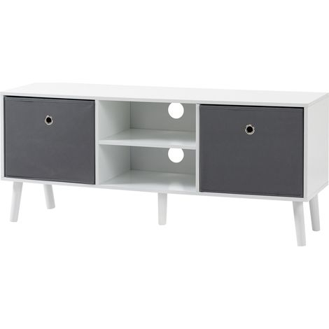 Meuble TV 2 tiroirs étagères ouvertes blanc gris 110x29x46.5 cm (1/5)