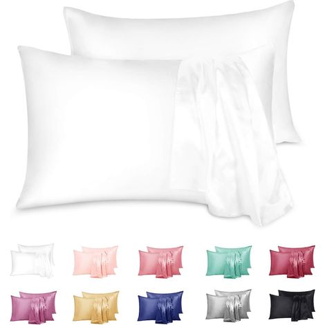 Set of 2 Satin Pillowcases, 100% Microfiber Soft Pillow Cover Takes Care of Your Skin and Anti-Hair Loss, Anti-mite and Hypoallergenic, White, 50 x 66 cm