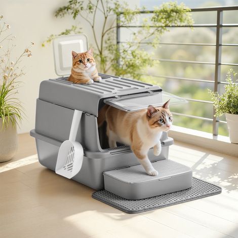 Bac à Litière pour Chat XXL en Acier Inoxydable, Maison de Toilette Fermée, 60 x 40 x 38 cm, Gris ardoise (1/5)