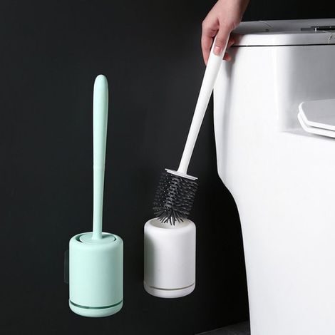 Brosse WC en Silicone -Antibactérienne balayette WC Ensemble Brosse de Toilettes à Manche Long avec Support Hygiénique (Flooring) (1/4)