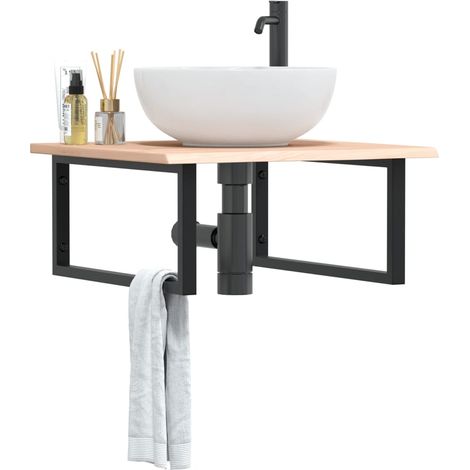 Estante de lavabo de pared de acero y madera maciza de roble