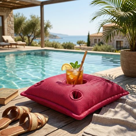 Soo Santaï Set Pool Party coussin bar + polystyrène 75x75x25cm, bar flottant, 4 trous verre et 1 trou bouteille, résistant aux UV, Rose (1/5)