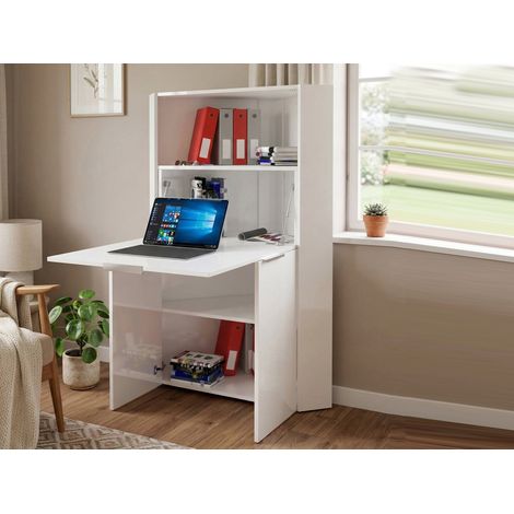 Dmora - Schreibtisch Ddorva, Mehrzweckmöbel mit Regalen und Arbeitsplatte, Mehrzweck-Bürotisch, platzsparender Mehrpositionsschreibtisch, 100 % Made in Italy, cm 70x57h140, glänzendes Weiß (1/5)