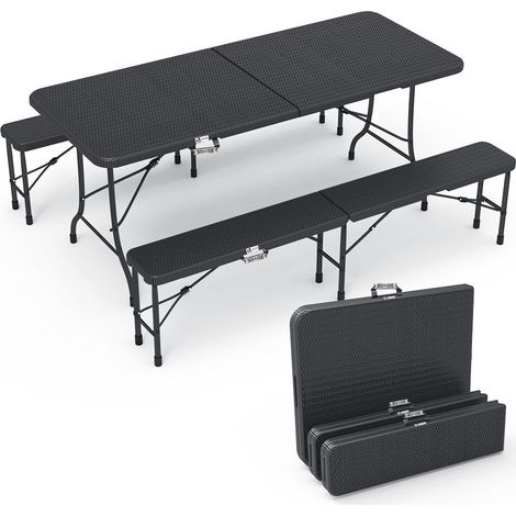 VOUNOT Folding Table Bench Set Trestle Portable Party Picnic BBQ Camping Set, Black