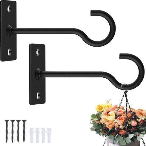 Gancho de pared para colgar macetas, gancho de metal de 10 cm, soporte decorativo de pared para colgar faroles y cestas de flores, paquete de 2 (negro) (1/5)