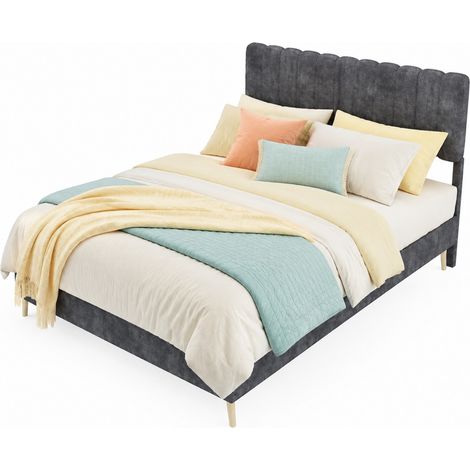 Lit capitonné 140x200 cm gris avec tête de lit moelleuse, base basse sans rangement, structure en tissu et métal, style moderne pour chambre - CHICFURN (1/5)
