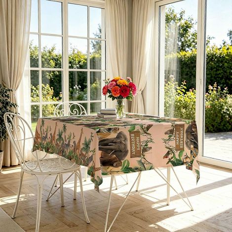 Nappe rectangulaire à motif éléphant tropical et fleurs (1 pièce), nappe légère pour pique-nique et fêtes estivales. (1/4)