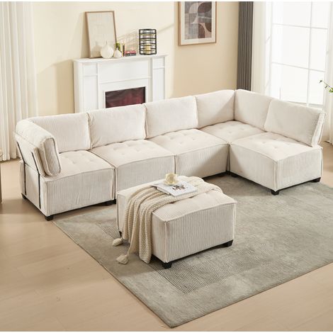 Sofá modular 308x154x82 cm de tela beige, 6 plazas, con bolsillos laterales – MEUBLIV (1/5)