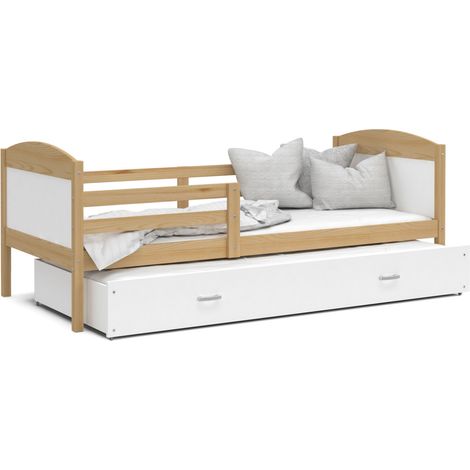 Lit Gigogne Mateo 90x190 Pin - blanc Livré avec sommiers, tiroir et matelas en mousse de 7cm (1/3)