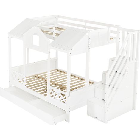 Weiße Hochbett-Kinderbett mit 2 Schubladen und Stauraumtreppe 90x200 und 140x200 (1/5)