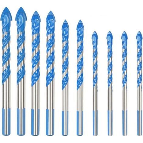 Forets multi-matériaux 10 pcs pour carrelage, verre, porcelaine, marbre, miroir et bois - Diamètres 6mm/8mm/10mm/12mm - Format triangle pour forage métalliques - OUYLAF (1/4)