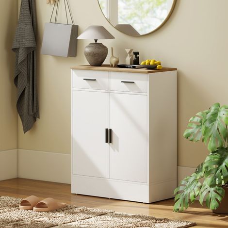 Buffet Sideboard 90,3x68,6x35cm - Meuble d'Entrée Bas avec 2 Tiroirs Étagère Réglable et Kit Anti-Basculement - Naturel et Blanc (1/5)