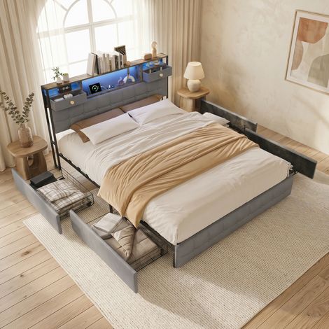 Lit avec tiroirs 160x200 cm en velours, lit adulte capitonné, 4 tiroirs latéraux + 2 tiroirs tête de lit, éclairage LED et port USB, sommier à lattes en bois - Gris