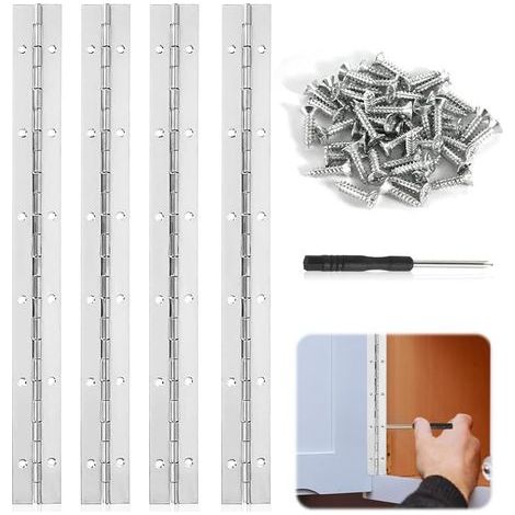 Juego de 4 bisagras de acero inoxidable para piano, de 30 cm de largo, con 48 tornillos de acero inoxidable para pianos, puertas de armarios y ventanas. (1/5)