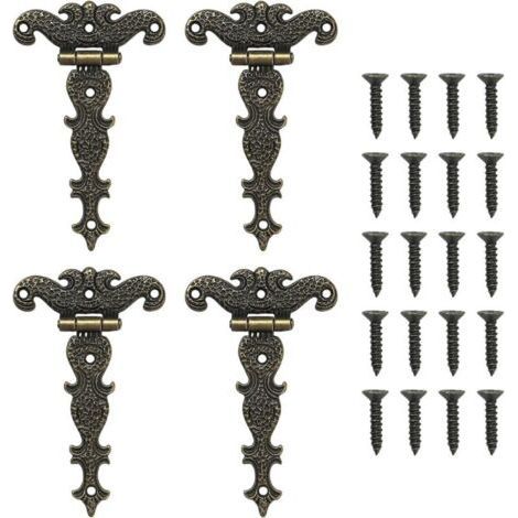 Lot de 4 charnières rétro en T avec vis pour armoires, fenêtres, caisses en bois, portes de grange, portes de hangar (1/4)