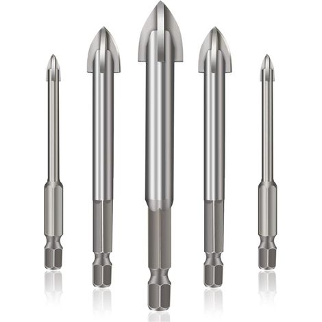 Efficient Universal Drilling Tool, 5-Piece Cross Hex Tile Drill Bit Set Concrete Drill Bit Set for Glass, Plastic, Tile (Silver) (1/5)