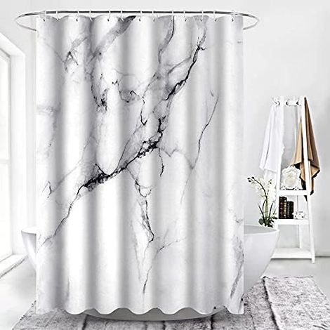Tenda da doccia in tessuto marmorizzato extra lunga in bianco e grigio con elegante motivo a crepe 3D con arredo bagno moderno e idrorepellente 72 x 84